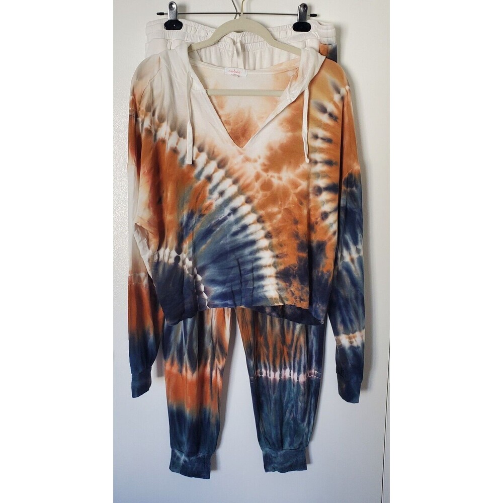 COLSIE Jogger Set XL Pants Cropped Hoodie Top Terry Soft Tie Dye Blue Wh…